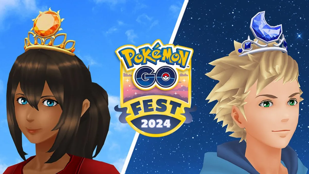 Promo image for Pokemon GO Fest 2024 A Glimpse of Daylight Special Research, featuring avatars in the old style wearing a sun crown and a moon crown