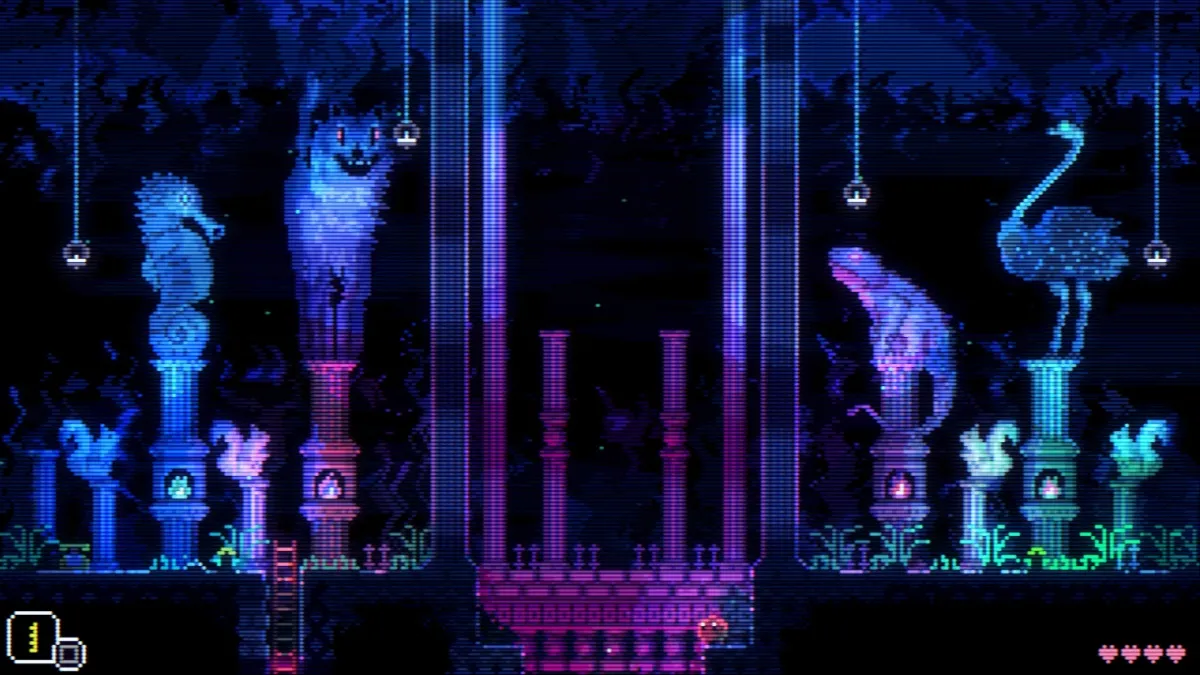 Animal Well screenshot of four boss statue pillars leading to the final area of the game