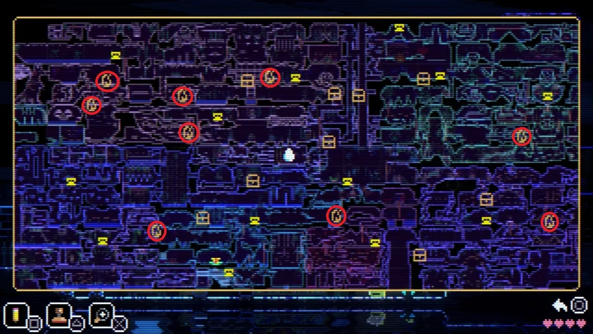Captura de pantalla de Animal Well de todas las ubicaciones de velas marcadas con un icono de llama en el mapa