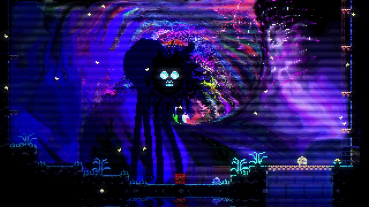 Animal Well screenshot of the Manticore in front of a colorful splash of fireworks