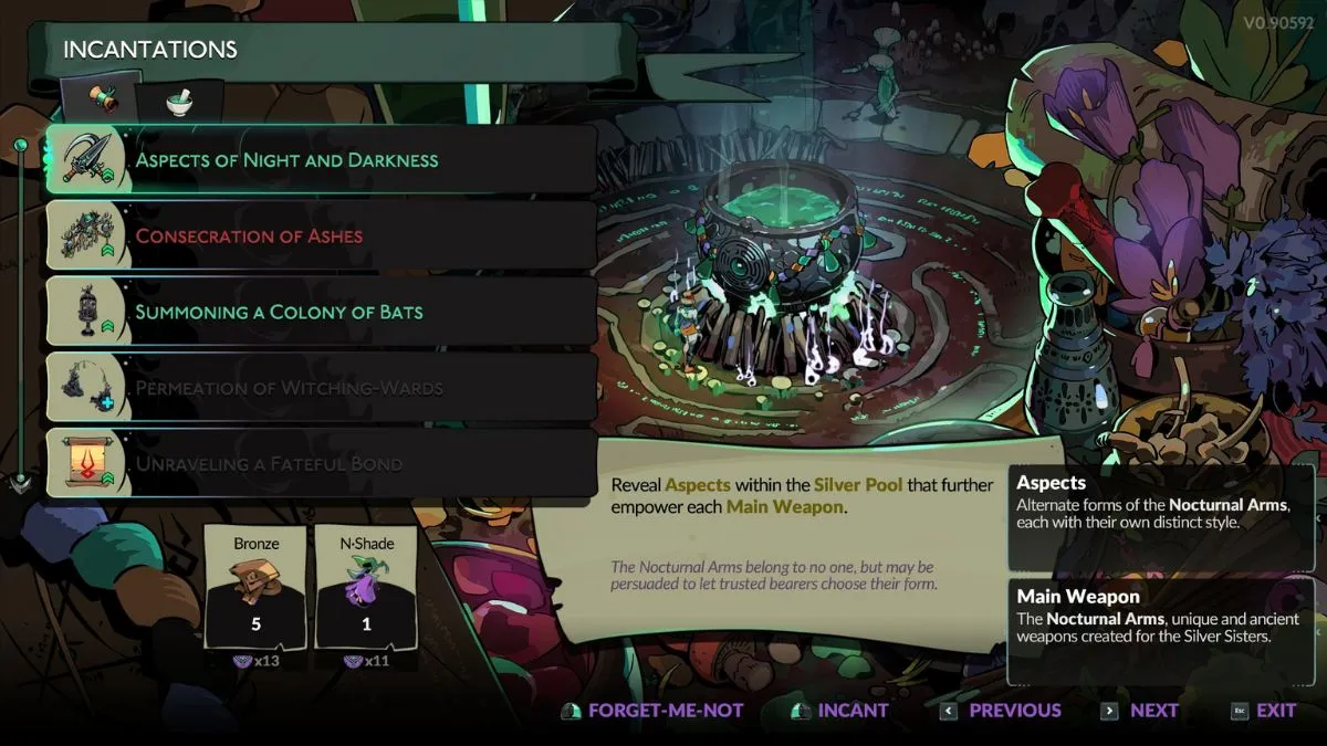 Captura de pantalla que muestra la lista de encantamientos en Hades 2, con el hechizo Aspectos de la noche y la oscuridad resaltados