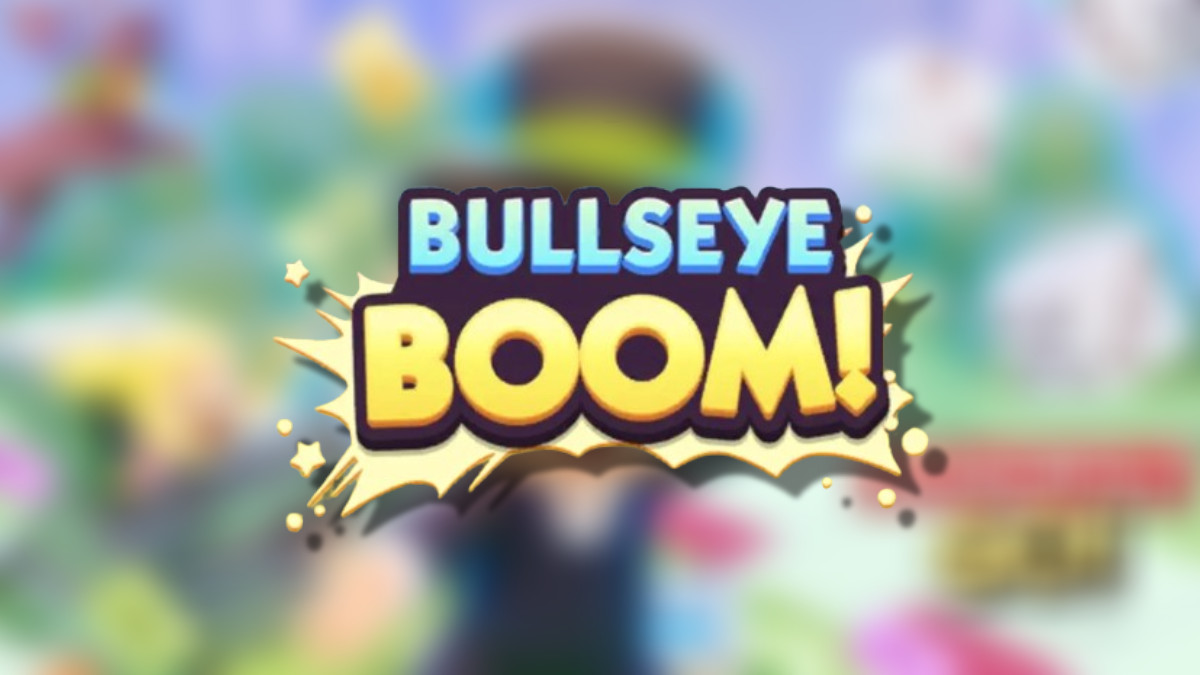 The Bullseye Boom logo on top of a blurred Monopoly GO background