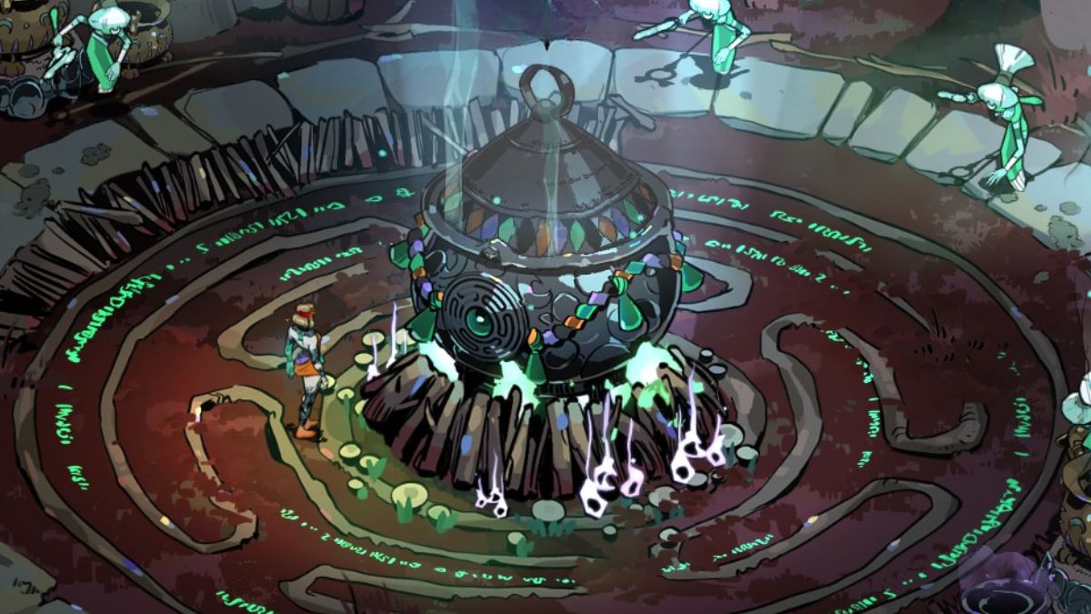 Screenshot from Hades 2, showing Melinoe standing in front of a cauldron, an incantation in progress