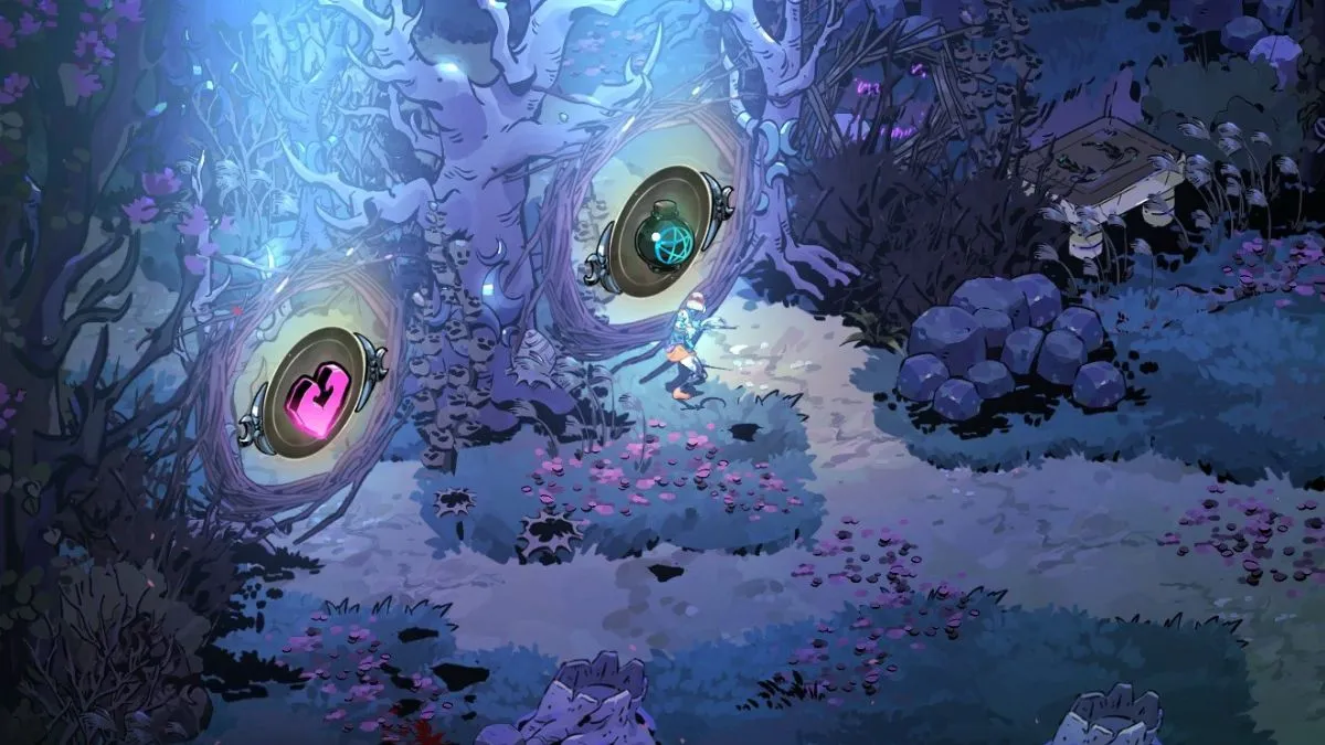 Image of a dungeon run in Hades 2, showing two different doors with colorful symbols on the front