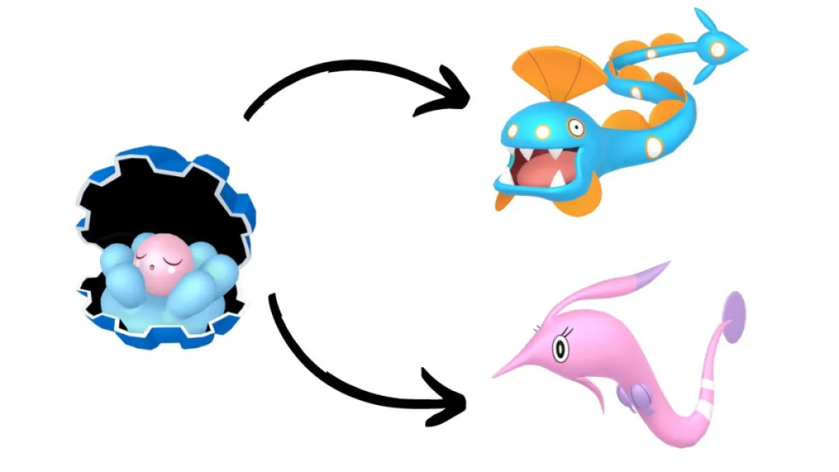 Image of the Pokemon Clamperl, with arrows pointing to both of its evolved forms, Huntail and Gorebyss