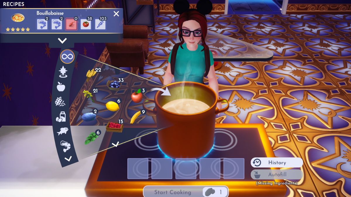 Image of a kitchen in Disney Dreamlight Valley, with the cooking menu open