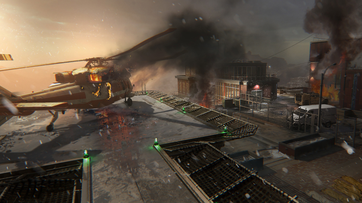 A burning helicopter on the Call of Duty MW3 Emergency Map