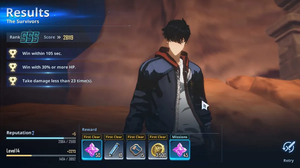 The Rewards Screen in Solo Leveling: Arise showing off rewards earned after completing a mission