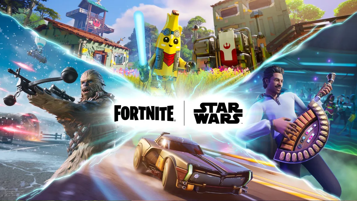 Fortnite X Star Wars key art, showcasing Chewbacca, a Mandolorian inspired vehicle, Lando playing an instrument, and Peely with a Lightsaber in LEGO mode. This image is part of an article about why Fortnite removed the Yoda Back Bling.