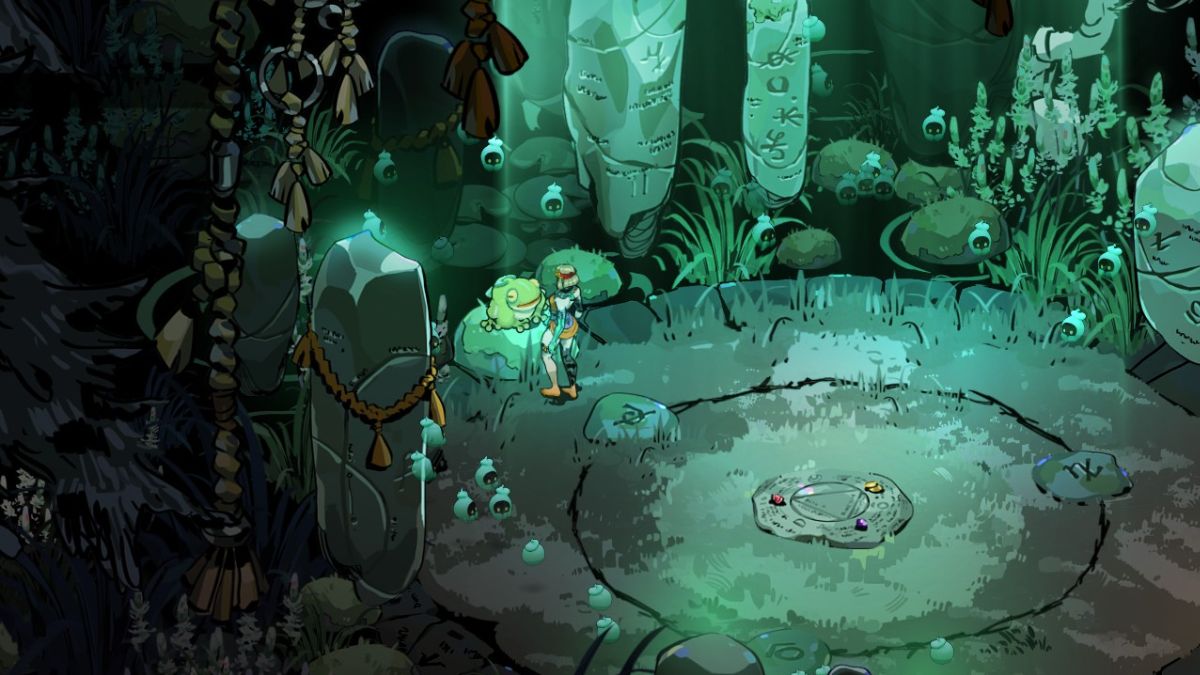 Screenshot from Hades 2, showing Melinoe petting the frog Frinos