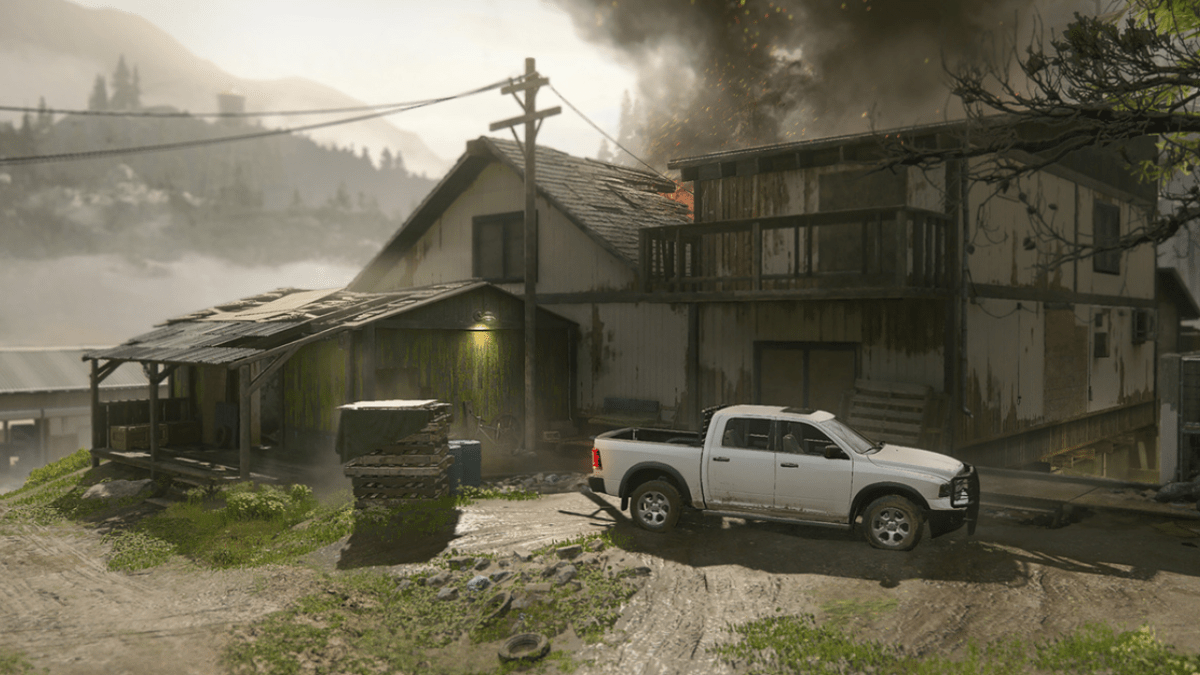 A rundown house and truck on the MW3 Growhouse Map
