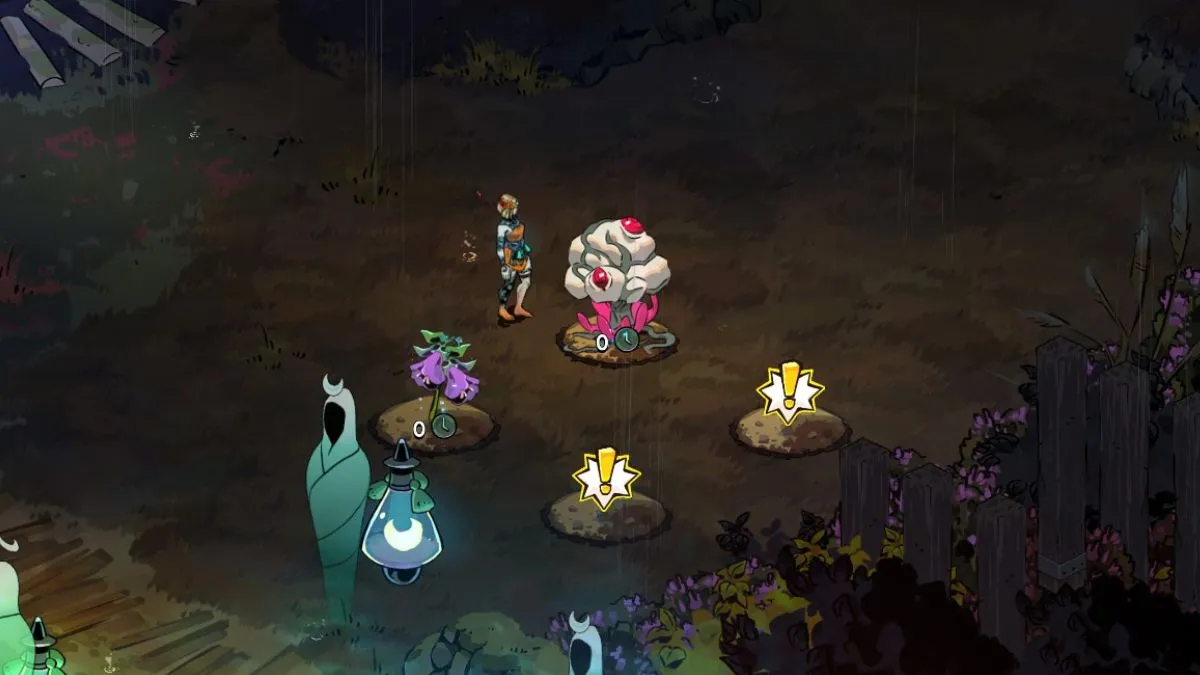 Screenshot from Hades 2, showing Melinoe standing near several plots with plants growing in them