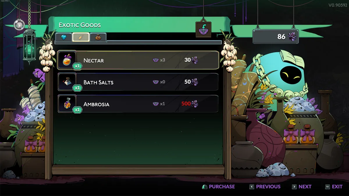 The Exotic Goods screen in Hades 2.