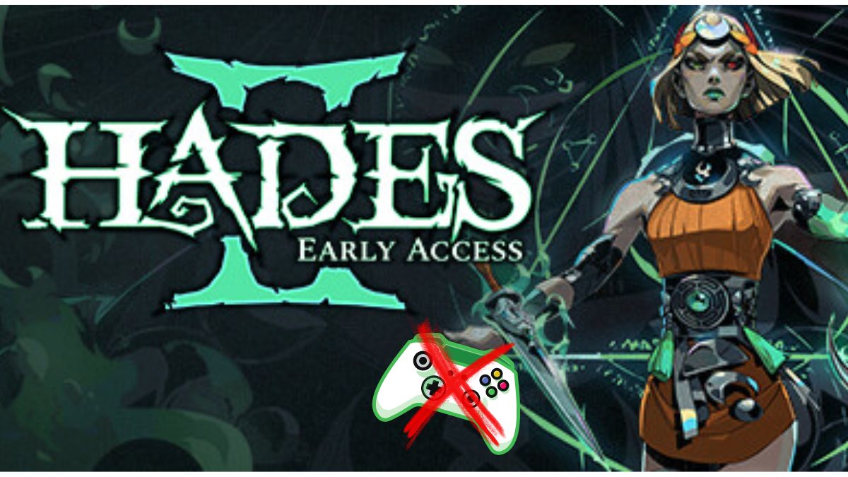 Hades 2 Early Access image with an Xbox controller in Melinoe's hand, with an X over it