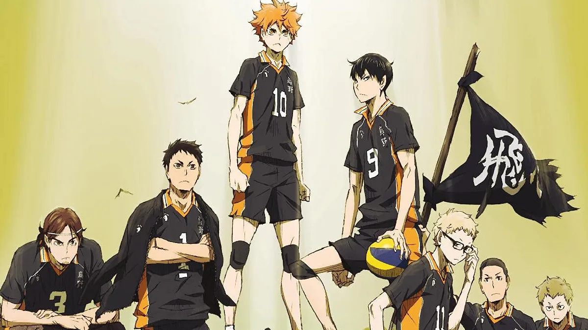 The main cast of Haikyuu on a yellow and white backdrop