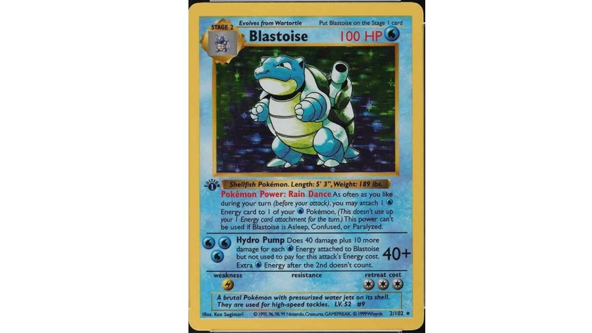 Image of a PSA graded holographic Shadowless Blastoise card from the First Edition TCG