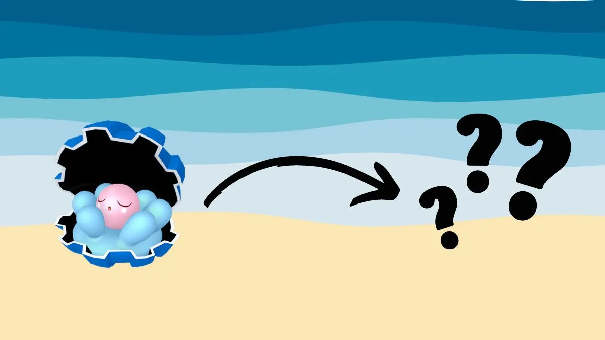 Photo of Clamperl in front of a beachy background, with an arrow pointing to a set of question marks
