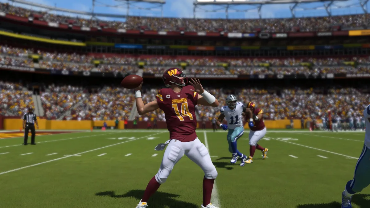Sam Howell dropping back to pass in Madden 24.