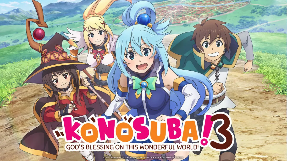 The main cast of KonoSuba behind the title of the series