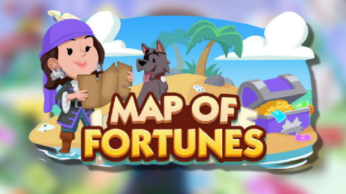 A graphic showing the Map of Fortunes logo on top of a Monopoly GO background