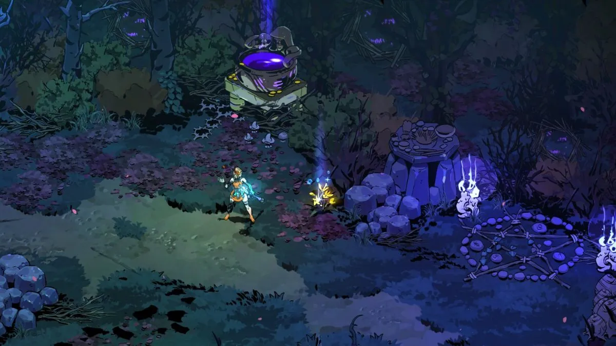 Screenshot from Hades 2, showing a glowing Moly plant ready to be harvested