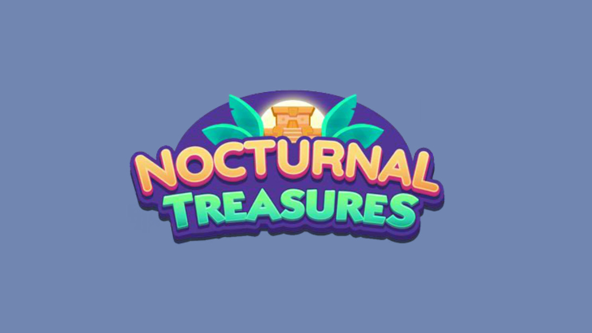 Logotipo de Nocturnal Treasures sobre un fondo violeta pálido para Monopoly GO