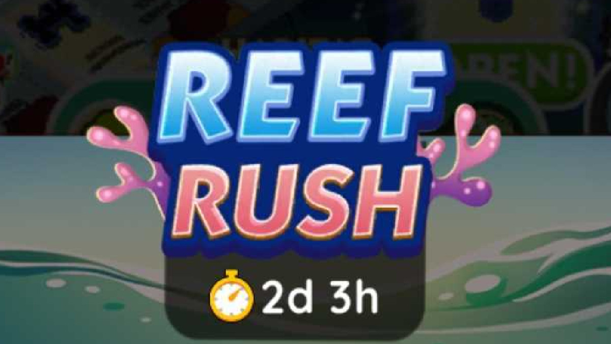 A graphic displaying the text Reef Rush with two coral pieces off of the sides of the text