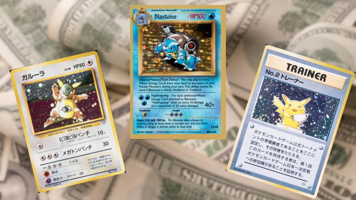 A background of US cash, with three Pokemon cards in the foreground