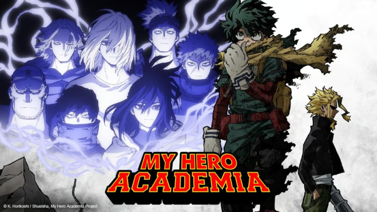 Deku and other classmates behind the My Hero Academia logo