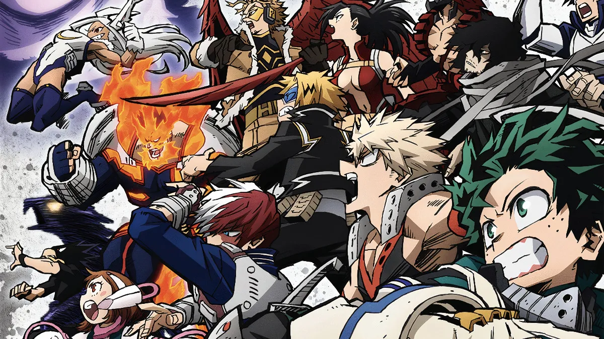 A plethora of characters from My Hero Academia facing to the left while ready to fight.