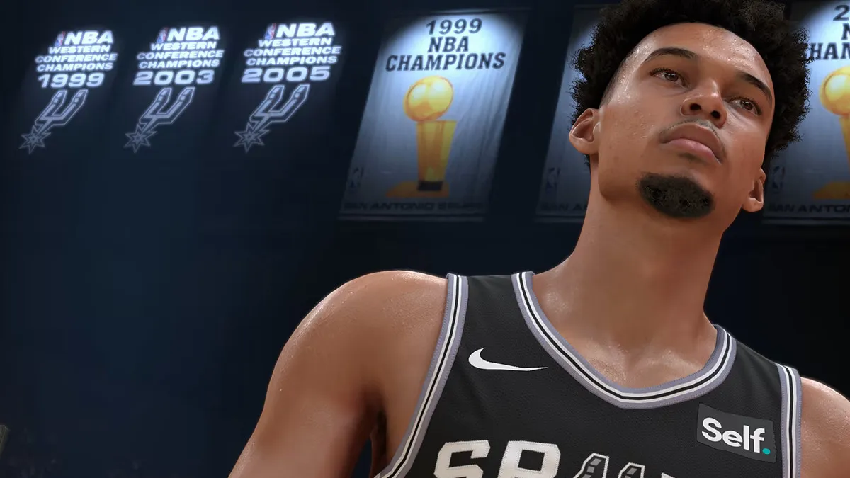 A player standing in front of NBA awards in NBA 2K24