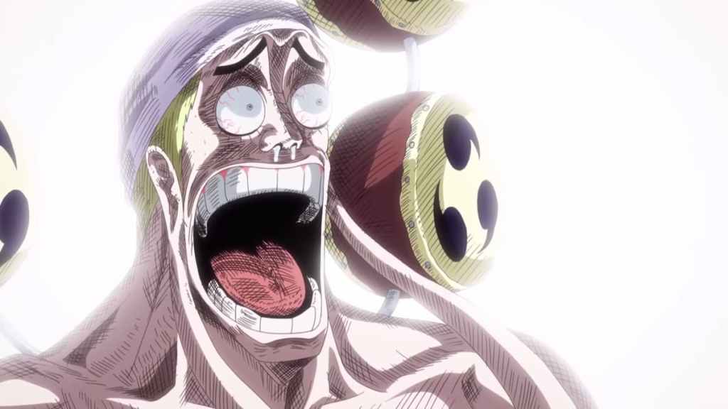 Enel in the One Piece Skypeia movie, shocked at Luffy's immunity