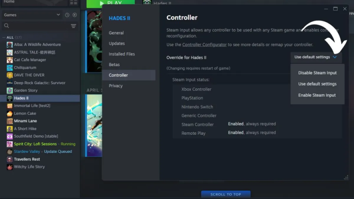 Screenshot from Steam, showing the override default menu with an arrow pointing to the dropdown