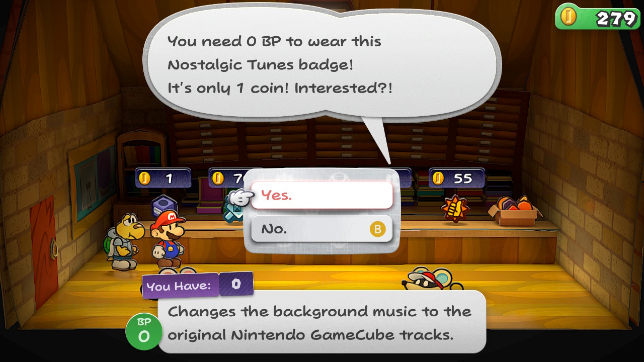Mario buys the Nostalgic Tunes badge in Paper Mario: The Thousand-Year Door