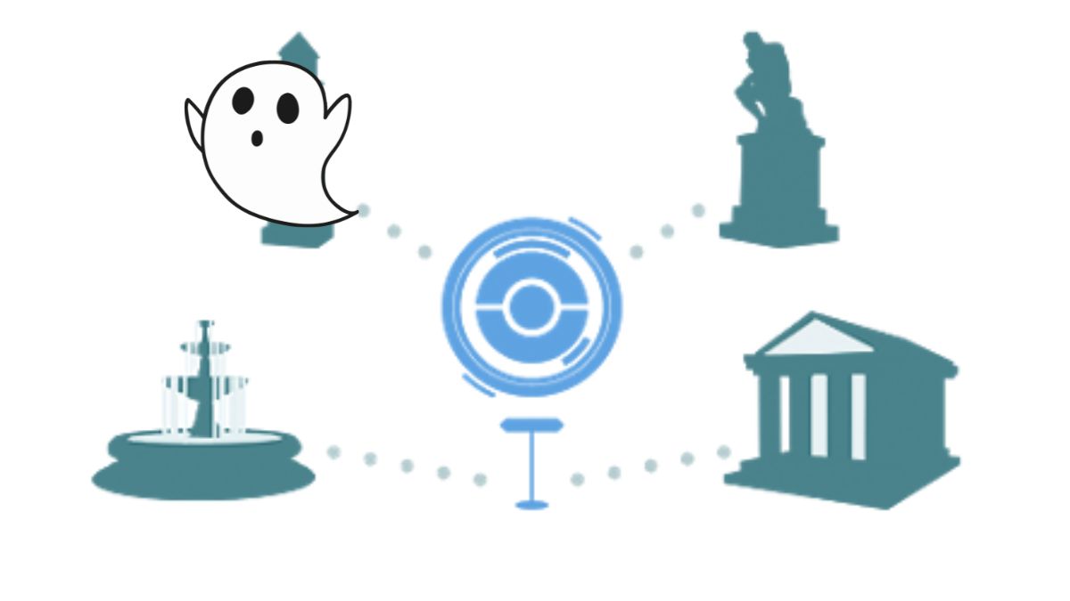 Image of a PokeStop from Pokemon GO surrounded by landmarks, with one of them covered up by a ghost