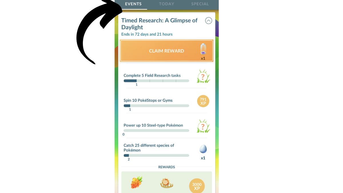 Screenshot from Pokemon GO, showing the task list for A Glimpse of Daylight special research
