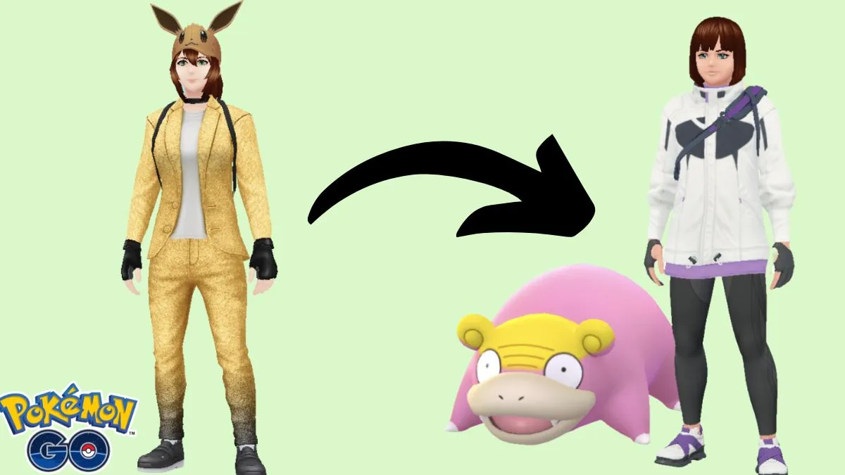 Image of two Pokemon GO avatars, one in a shiny gold outfit and the other in leggings and a long sweatshirt