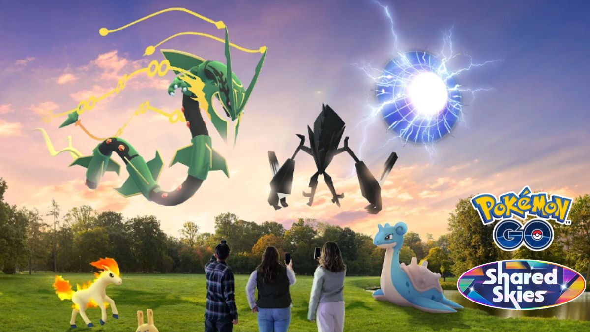 Pokemon GO Shared Skies Season promo featuring several legendary pokemon and an ultra wormhole
