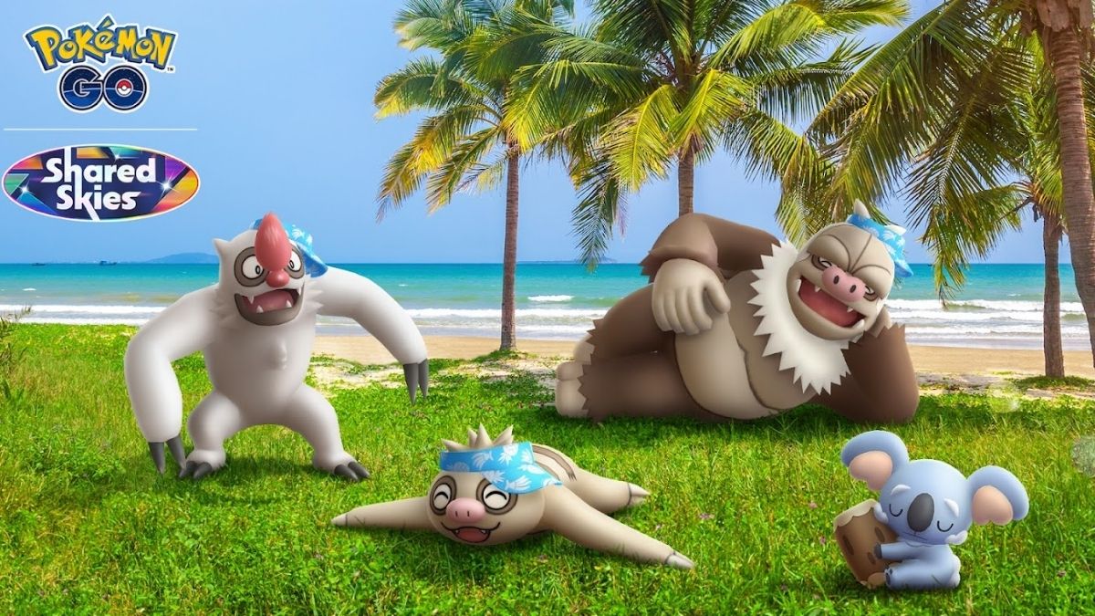 Promo image for the Pokemon GO Slumbering Sands event, featuring visor-wearing Slakoth evolutions and Komala