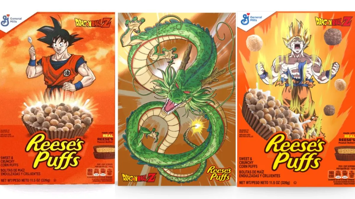 Image of three limited edition Reese Puff cereal boxes, featuring characters from Dragon Ball Z