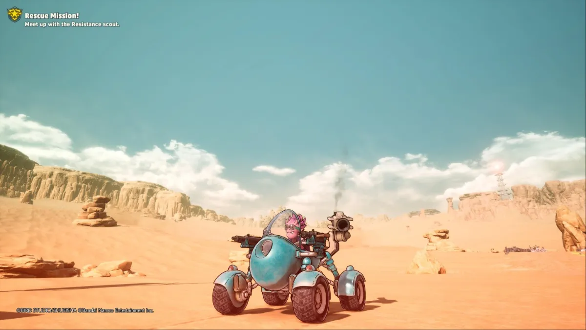 Sand Land screenshot of Beelzebub riding on a Dirt Buggy