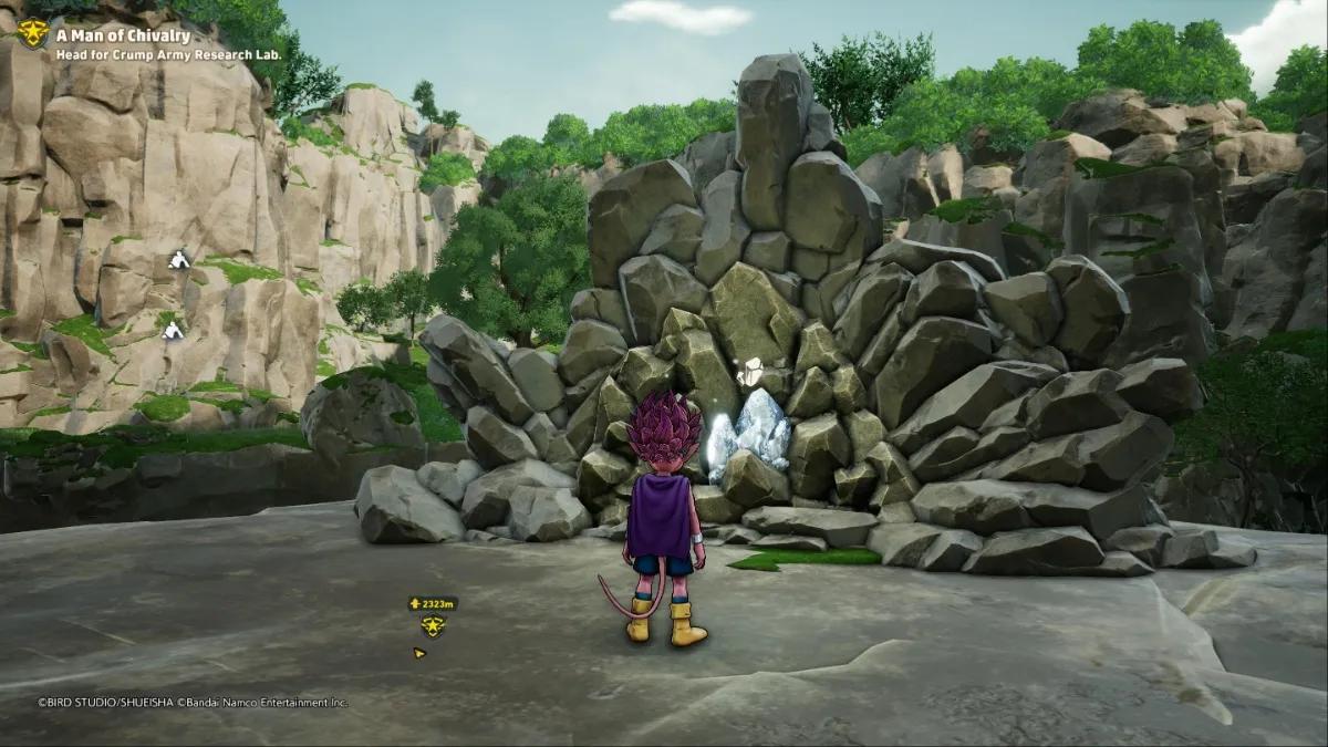 Captura de pantalla de Sand Land de Beelzebub parado junto a una veta de mineral en Forest Land