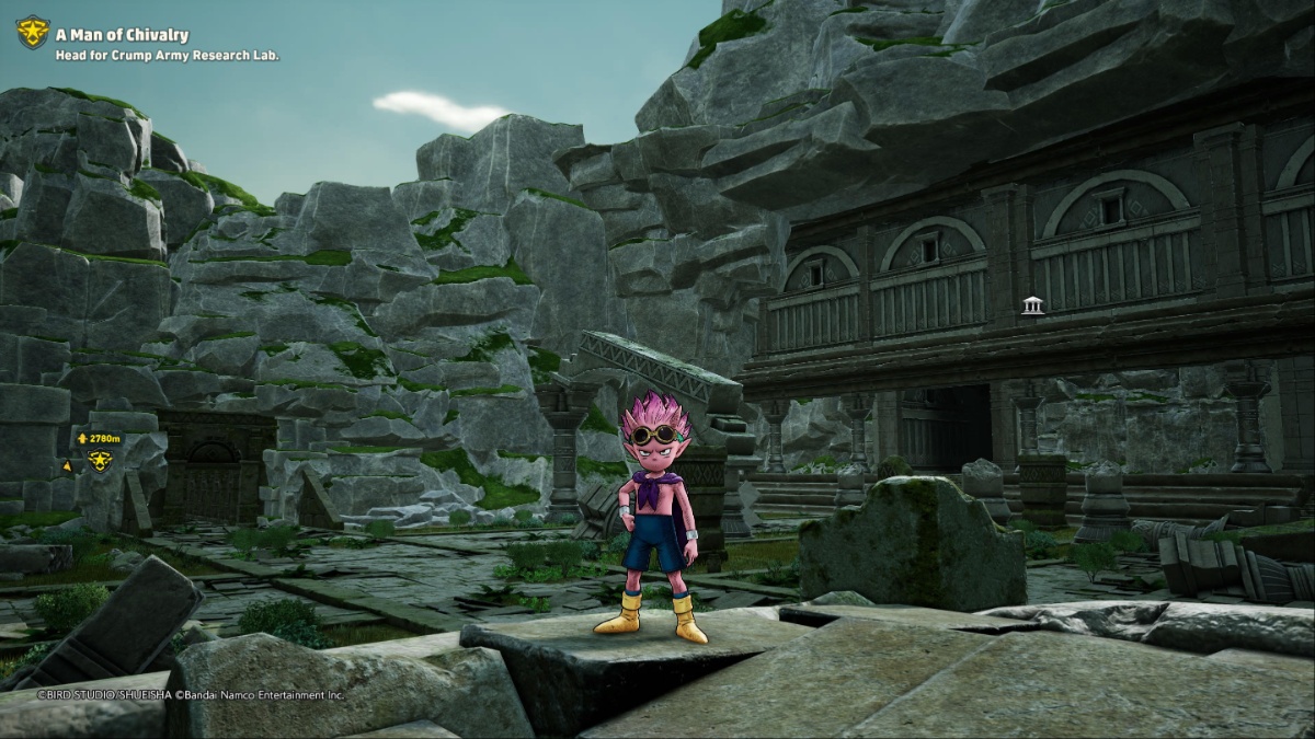 Sand Land screenshot of Beelzebub standing outside some ruins in Forest Land