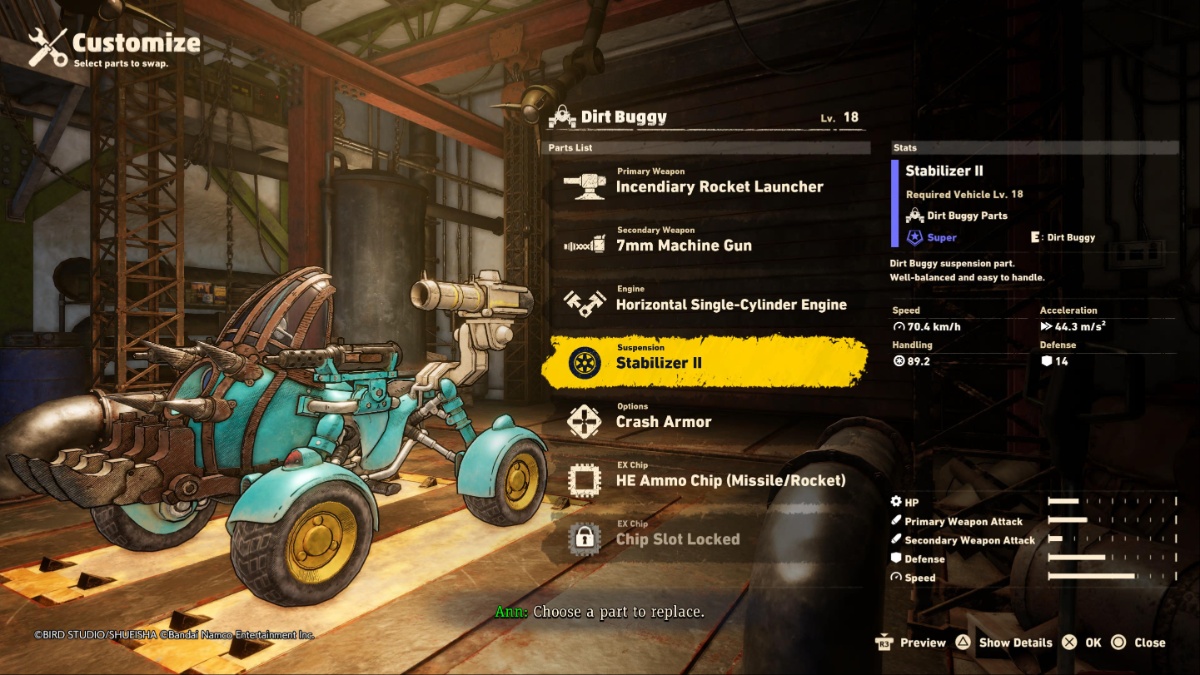 Sand Land screenshot of the Dirt Buggy in the vehicle customization menu