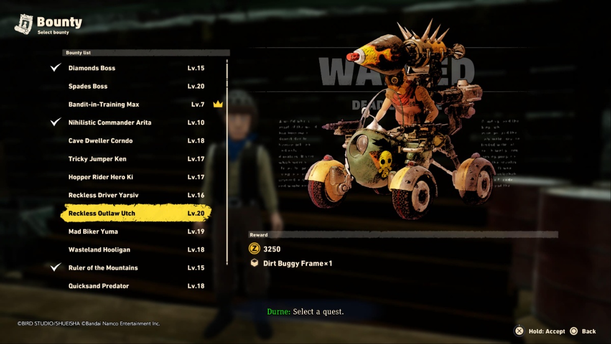 Sand Land screenshot of Reckless Outlaw Utch in the bounty menu