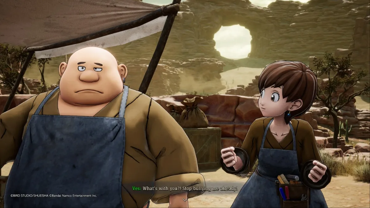 Sand Land screenshot of Stan and Ves arguing in Talbo