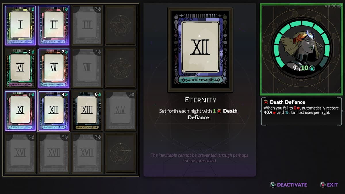 a screenshot of the death defiance tarot card in hades 2
