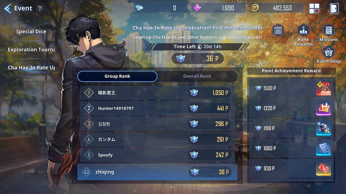 a screenshot of the cha hae-in event leaderboard in solo leveling arise