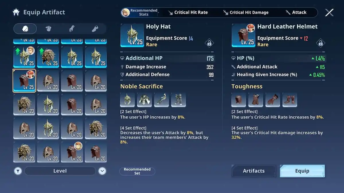 a screenshot of the best artifact sets for cha hae-in in solo leveling arise