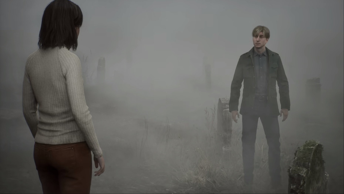 Silent Hill 2 screenshot of James and Angela at the fog-covered graveyard